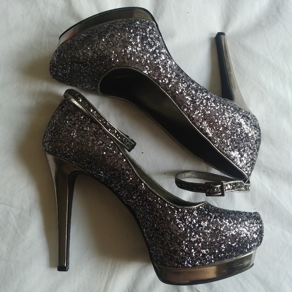 Glitter Slate Grey Ankle Strap Pumps